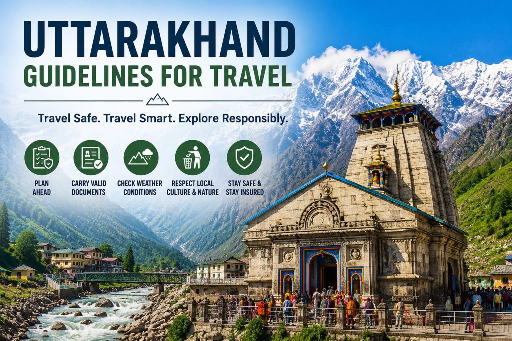 Uttarakhand Guidelines for Travel featuring Kedarnath Temple, Himalayan mountains, travel safety tips, weather guidance, and essential travel information for visitors.