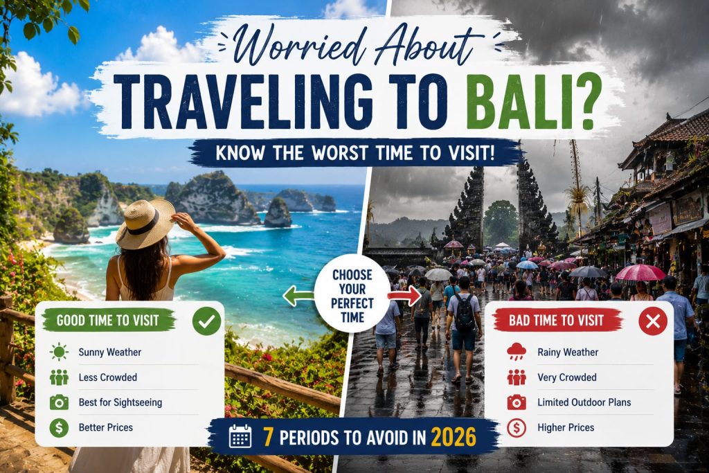 Worst time to travel to Bali in 2026 featuring a side-by-side comparison of sunny, less crowded conditions and rainy, crowded tourist seasons.
